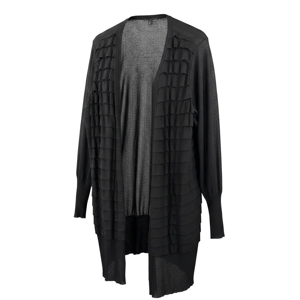 Eileen Fisher sheer‎ Cardigan 1X Black Ruffle Front Longline Sweater minimalist